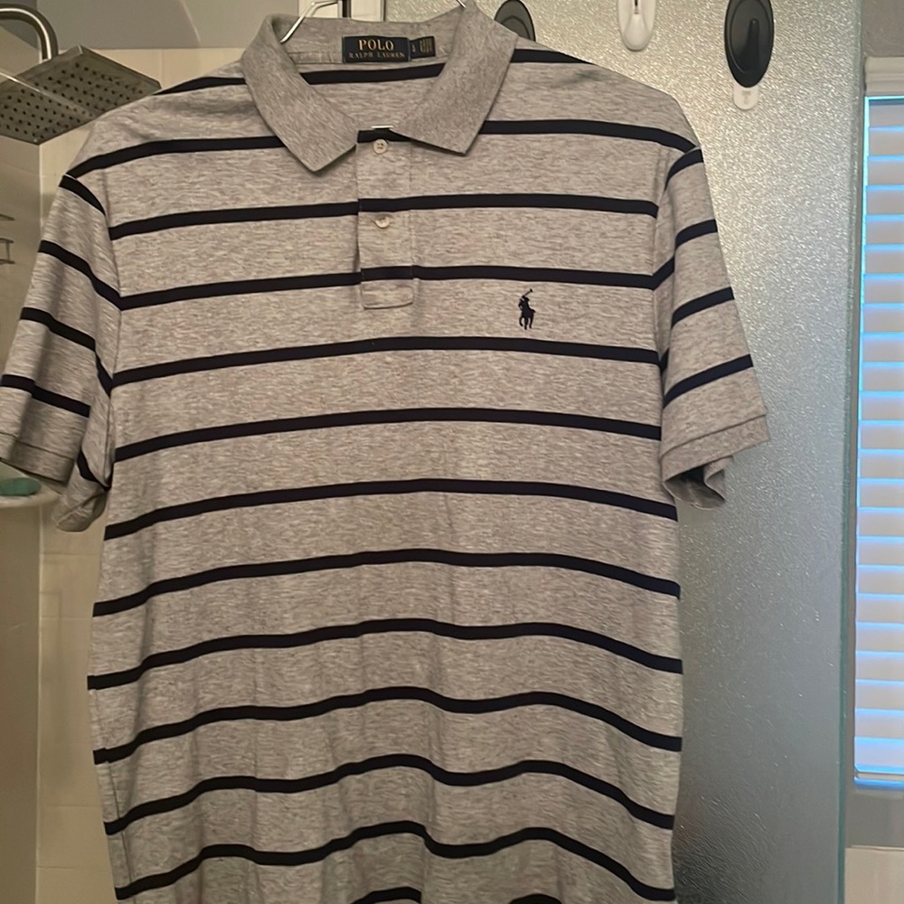 Grey and navy blue striped Polo shirt.